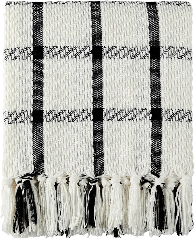 CREVENT 60"X80" Farmhouse Breathable Soft and Warm Chenille Plaid Throw Blanket for Sofa Couch Bed, Home Decoration Throw with Tassles (Black & White)