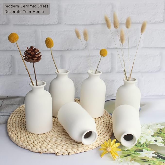 YANLING 6 Pack White Vase Small Ceramic Vases for Decor, Bud Vases | for Centerpieces White Vases for Flowers Boho Home Decor, Pampas Grass Dried Flowers Vases