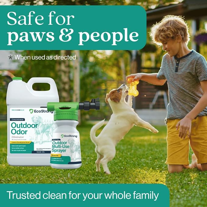 Eco Strong Outdoor Odor Eliminator | Outside Dog Urine Enzyme Cleaner – Powerful Pet, Cat, Animal Scent Deodorizer | Professional Strength for Yard, Turf, Kennels, Patios, Decks (Gallon with Sprayer)