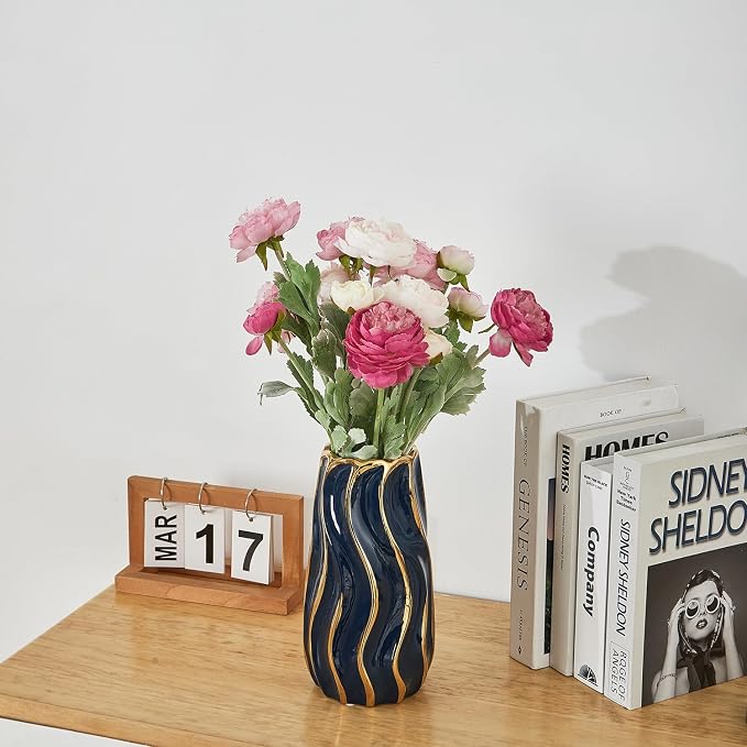 Ceramic Vase for Home Decor,Decorative Flower Vase, Vertical Stripe Ceramic Vases for Home Décor, Bedroom, Office, Living Room, Bathroom, Tabletop Decor, Centerpiece Table Decorations (Blue)
