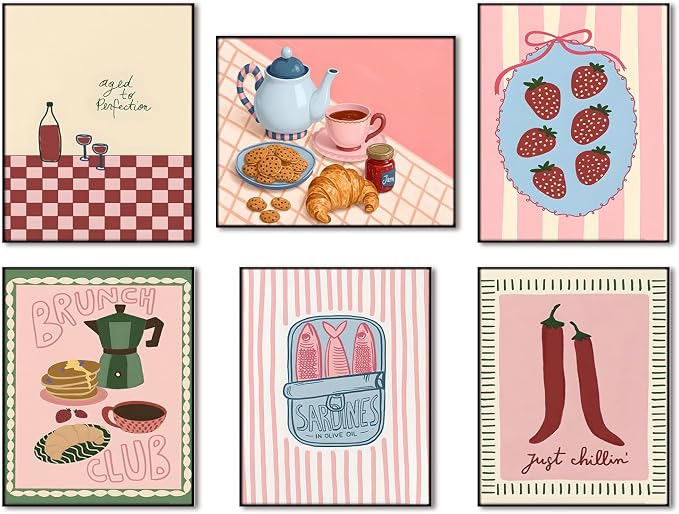 Mynotix Cute Kitchen Poster Set of 6, Trendy Food Drink Wall Art Painting Vintage Coffee Bar Canvas Wall Decor Prints Picture for Dining Room Bar Cart Kitchen 8x10 inch Unframed