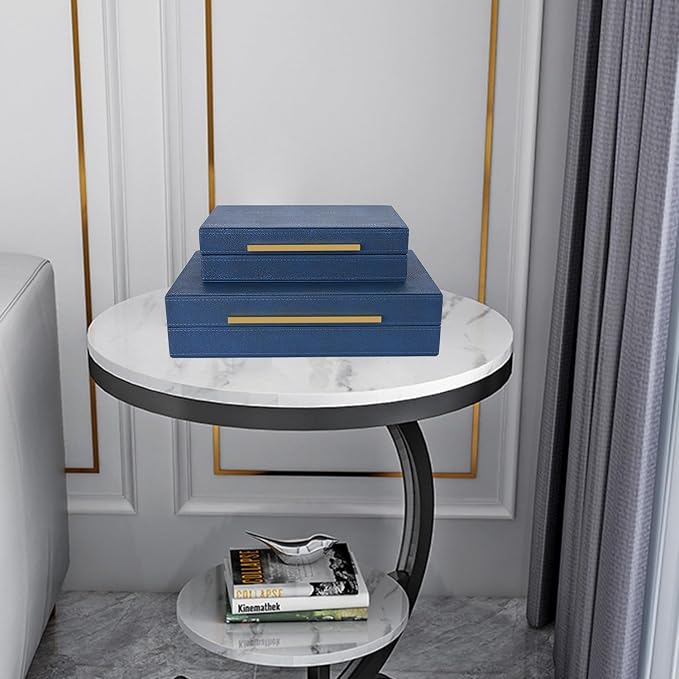 Navy Blue Shagreen box Set of 2 Faux Leather Decorative Boxes,Large Nesting Storage Decorative Boxes with Lids for Modern Home Decor Stacking Jewelry Box Organizer