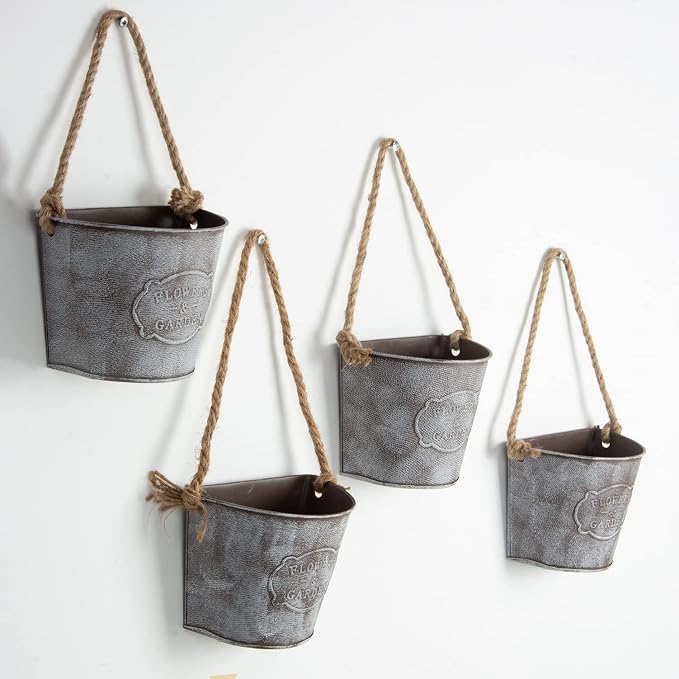 XONOR 4Pcs Galvanized Metal Hanging Wall Planter, Rustic Wall Flower Vase for Succulents Herbs Country Home Farmhouse Decoration (2)