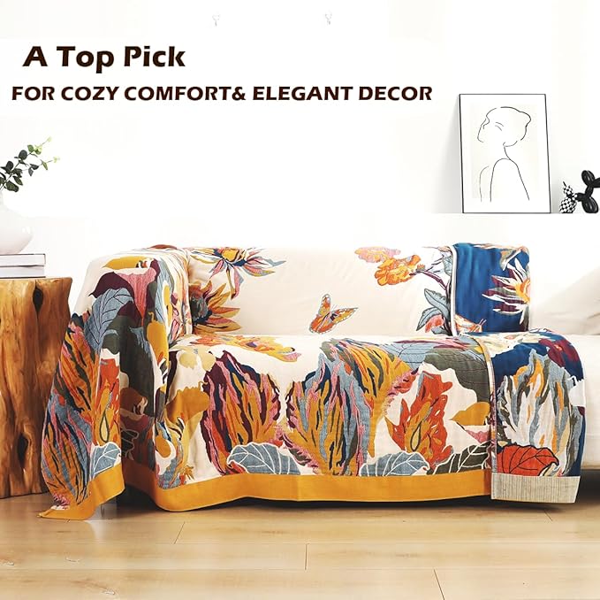VANJOROY King Extra Large Boho Throw Blanket Oversized 91" x 108", 100% Organic Cotton Soft Bed Throw - Floral Bird Butterfly Pattern Farmhouse Blanket for Couch Sofa Chair and Gift.