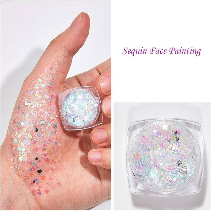 Face & Body Glitter Gel – Clear White Sparkling Gel for Hair, Face & Body – 6 Shapes Chunky Festival Makeup – Butterfly, Stars & Hearts – Rave, Party & Cosplay