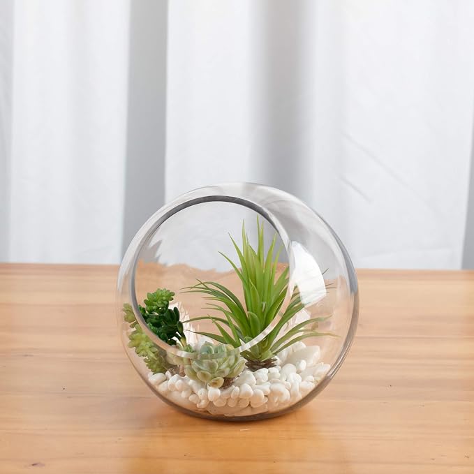 WGV Slant Cut Bowl Glass Vase, Width 7.5", Height 7.5", Clear Round Globe Planter Terrarium Orb, Candy Dish, Fruit Jar, Floral Container for Home Office Decor, 1 Piece