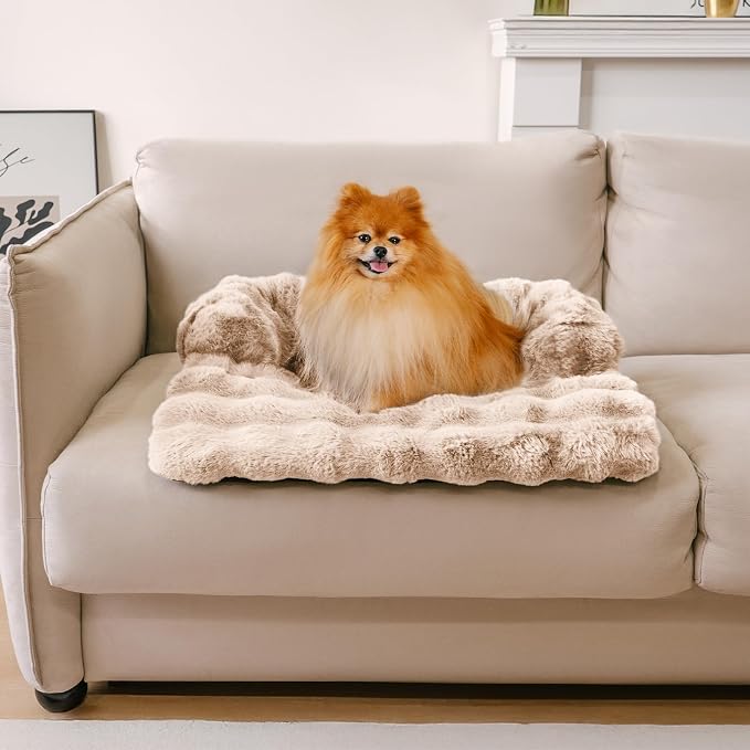 Dog Couch Bed, Calming Small Dog Sofa Bed Cover Washable | Pet Mat for Small Dogs and Indoor Cats, Faux Rabbit Fur, Raised Protective Bolster, Non-slip Bottom, 27"×22"×4.7", Coffee