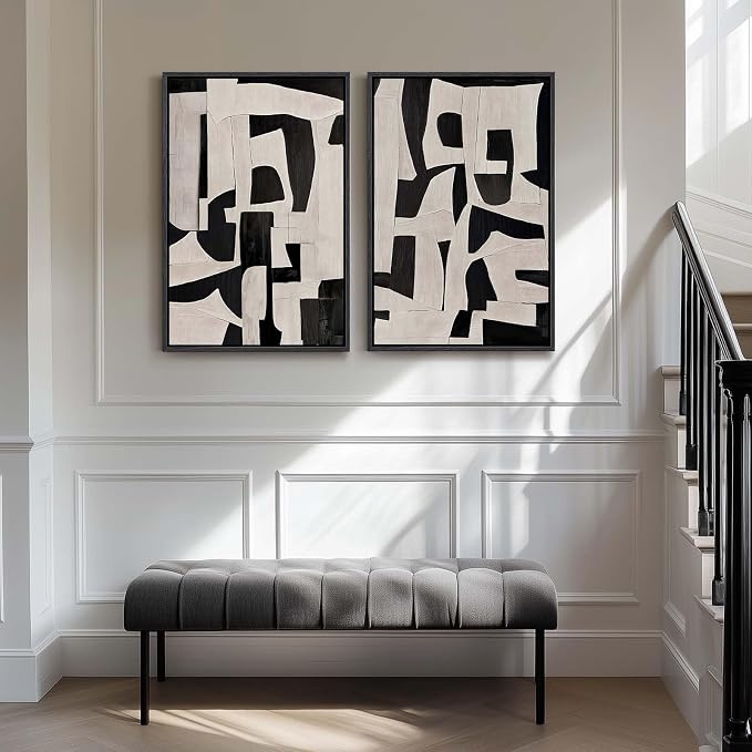 Large Framed Black and Beige Abstract Wall Art, Set of 2 Piece Minimalist Canvas Paintings Artwork for Walls, Modern Art Prints Pictures for Living Room Hallway Dining Room Bedroom Office Wall Decor