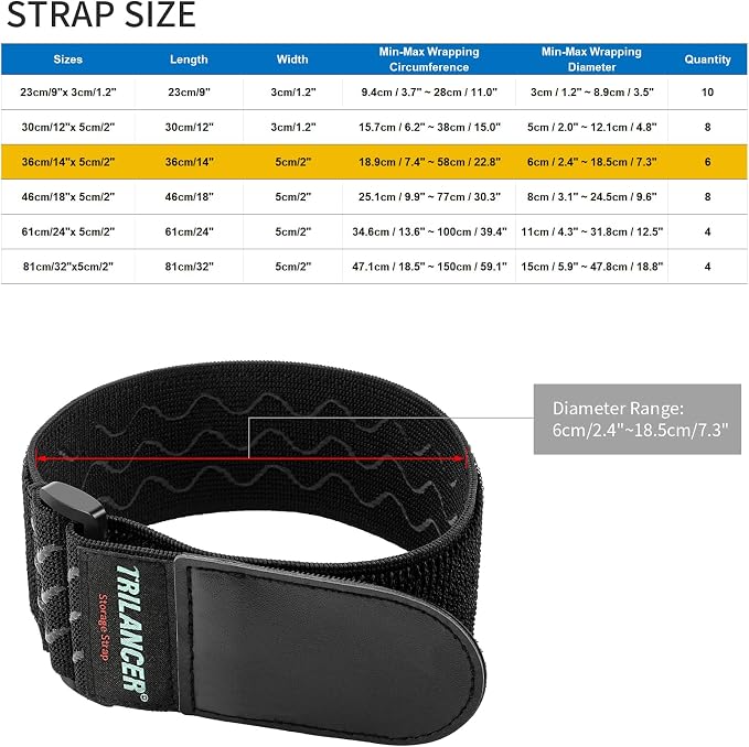 Trilancer Elastic Cinch Straps with Anti-Slip Strips, 14 "x 2" (6 Pack) Multipurpose Hook and Loop Bundling Straps for Hose, Cords, Bike, Luggage, Camping, Yoga Mats
