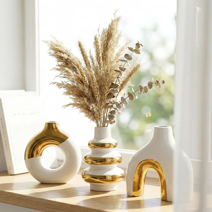 White and Gold Ceramic Vase Set of 3, Flower Vases for Pampas Grass | Modern Boho Vase for Decor, Decorative Vases Centerpieces for Wedding Living Room Bedroom Coffee Table Dinner Table