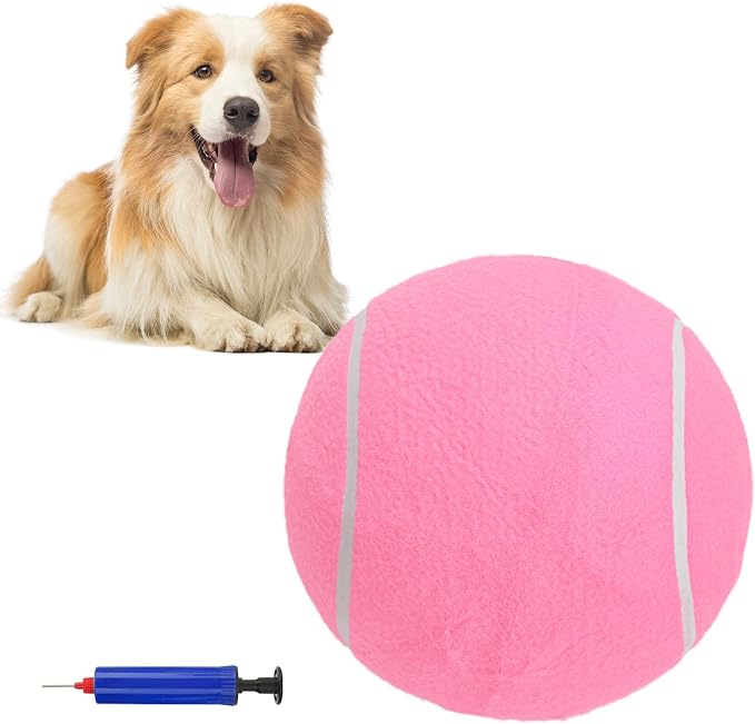 SCENEREAL Giant Tennis Ball for Dogs, 9.5" Inflatable Large Dog Ball for Large Medium Sized Dog, Halloween Dog Toys Birthday Gift, Interactive Puppies Toys for Indoor Outdoor Training Playing, Pink