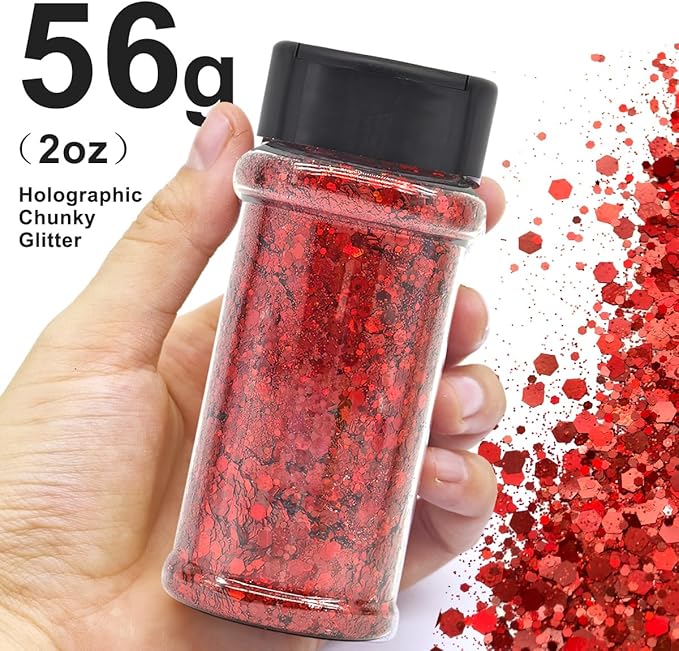 Red - Craft Glitter - 2oz Glitter Shaker Bright Colorful Holographic Mix Chunky Body Glitter Bulk Wholesale 24 Colors in Shaker Cosmetic Glitter - EBLB300