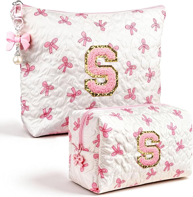 Initial Makeup Bag, Valentines Day Gifts for Women Teens Girls Birthday Gift Personalized Bow Cosmetic Bag, Quilted Cosmetic Travel Toiletry Pouch, Cute Makeup Organizer Teen Girl Gifts Trendy Stuff S