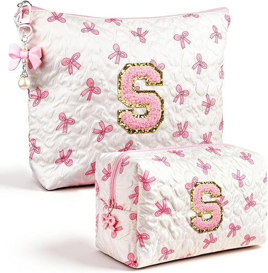 Initial Makeup Bag, Valentines Day Gifts for Women Teens Girls Birthday Gift Personalized Bow Cosmetic Bag, Quilted Cosmetic Travel Toiletry Pouch, Cute Makeup Organizer Teen Girl Gifts Trendy Stuff S