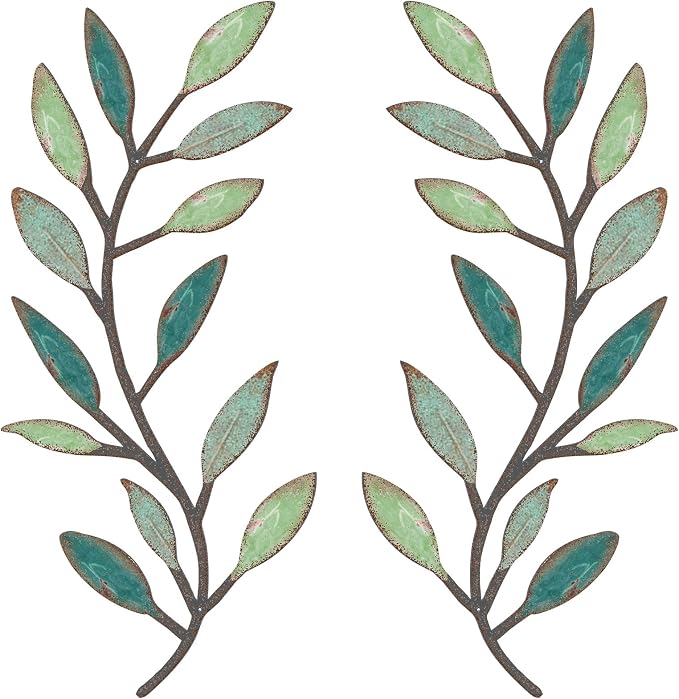 Zhengmy 2 Pcs Metal Leaf Wall Art Vine Branch Decor,Gradient Green | Olive Branch Metal Decor for Living Room Hallway, Symmetrical Leaf Pair for Doorway Entryway, Lightweight Hanging Art Design