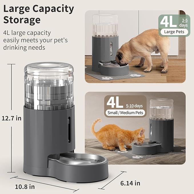 JUNSPOW Cat Water Dispenser with Placemat and Stainless Steel Bowl (4L) | Automatic Gravity Water Dispenser for Cats or Small Medium Size Dogs, Large Capacity, Easy to Clean