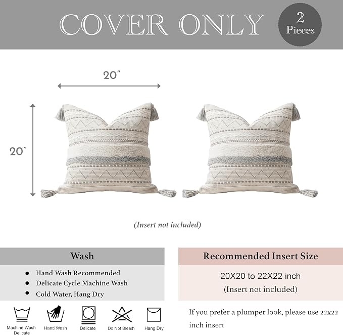 Gray Decorative Throw Pillow Covers 20x20 Combo Set of 2 Square Boho Neutral Grey Accent Pillowcase Tassels Farmhouse Cushion for Couch Sofa Bedroom Living Room Home Décor Cover ONLY