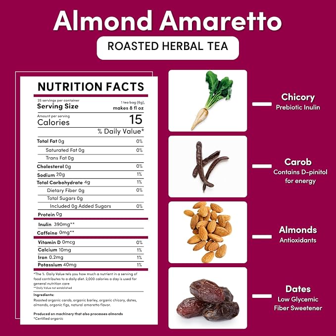 Teeccino Herbal Tea - Almond Amaretto - Rich & Roasted Herbal Tea That's Caffeine Free & Prebiotic for Natural Energy, 25 Tea Bags
