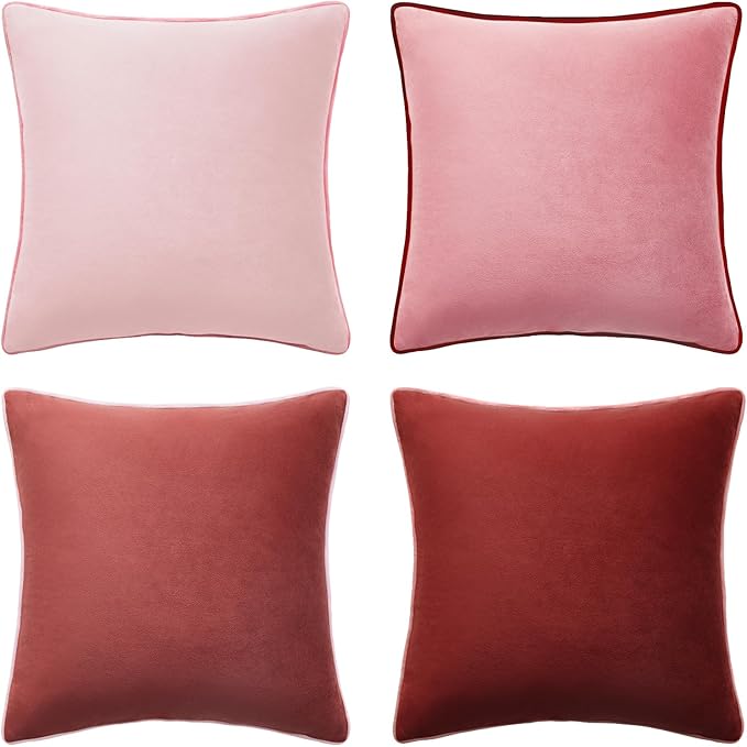 MONDAY MOOSE Decorative Throw Pillow Covers Cushion Cases, Set of 4 Soft Velvet Modern Double-Sided Designs, Mix and Match, Pillow Inserts Not Included (16x16 inch, Pink/Dark Pink)