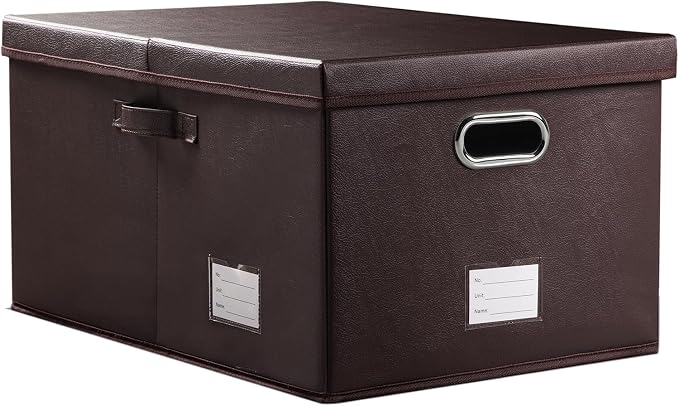Collapsible Storage Box with Lid [1-Pack] Leather Fabric Foldable Storage Bin Organizer Container Basket Cube with Cover for Home Bedroom Closet Office Nursery Brown (22.8X15.7X11.8)
