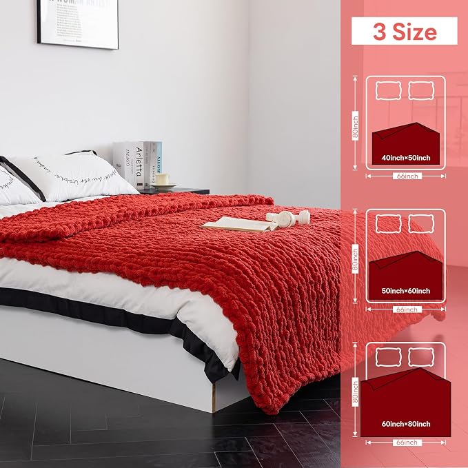 Chunky Knit Blanket - Luxury Soft Cozy 50 * 60 Throw Blanket,100% Woven Blanket Rope Knot Throw Blanket for Couch, Sofa, Home Decor, Gift - Machine Washable (Wine red, 50 * 60)