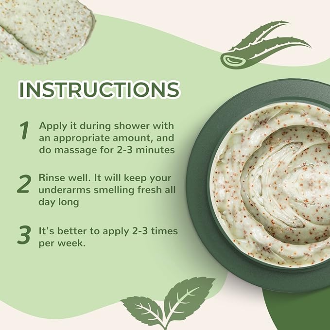 Armpit Detox Scrub 8.8 oz with Peppermint, Aloe Vera and Walnut Shell Powder, Underarm Scrub Helps on Removing Odor, Deep Cleanse & Exfoliating, also for Legs, Knee, Feet, Hands Whole Body
