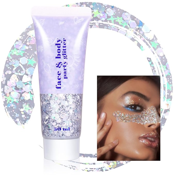 Boko 50ML Body Glitter Gel, Holographic Silver Chunky Glitter Gel for Face Hair Body Sparkle Makeup, Mermaid Face Glitter Sequins for Christmas Festival Concert Party Event Rave Accessories