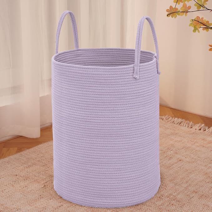 JMvicyroam 80L Cotton Rope Laundry Basket Hamper, Purple | Collapsible laundry basket, reinforced handles, freestanding, machine washable, holds 3-5 thick blankets, clothes or toys