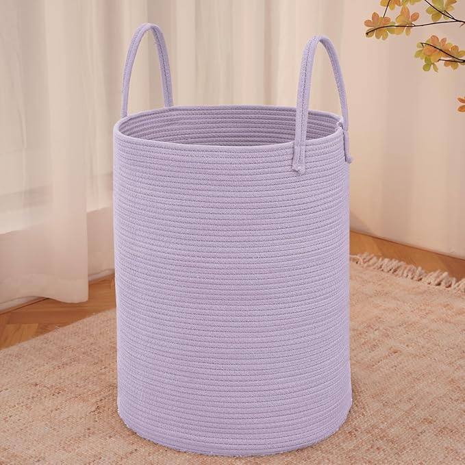 JMvicyroam 60L Cotton Rope Laundry Basket Hamper, Purple | Collapsible laundry basket, reinforced handles, freestanding, machine washable, holds 3-5 thick blankets, clothes or toys