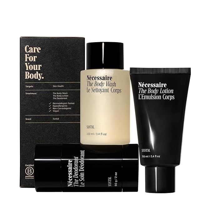 Nécessaire Body Essentials - Skin Care Gift Set For Women + Men - Travel-Size Body Wash, Body Lotion + Deodorant | Dermatologist-Tested. Hypoallergenic | Vegan | Aluminum-Free Deodorant (Santal)