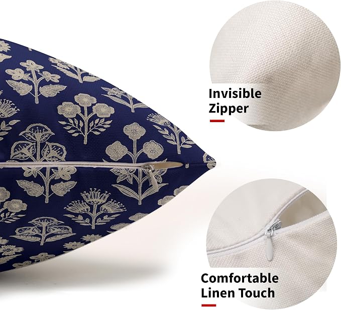 Navy Blue Pillow Covers 12x20 Inch Set of 2, Cream Floral Block Print Pattern Lumbar Decorative Throw Pillowcases Outdoor Farmhouse Rectangle Cushion Covers Spring Summer Sofa Couch Bed Decor