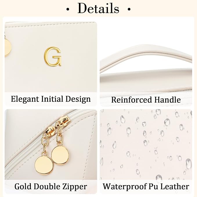 KKXIU Initial Makeup Bag for Women - Personalized Makeup Bag Gifts for Women, Travel Toiletry Bag with PU Leather, Open Flat Design with Top Handle, Cosmetic Bag Set with Multi-Pocket (Beige,G)