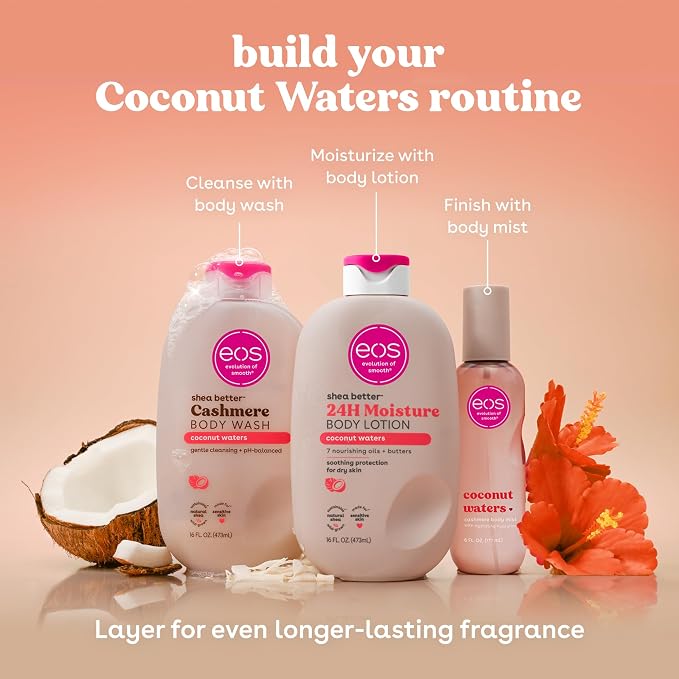 eos Cashmere Body Mist, Coconut Waters, Body Spray for Women, Hair Mist, Coconut Perfume, Moisturizing, Hyaluronic Acid, Glycerin, Vegan, Cruelty-free, 6 fl oz