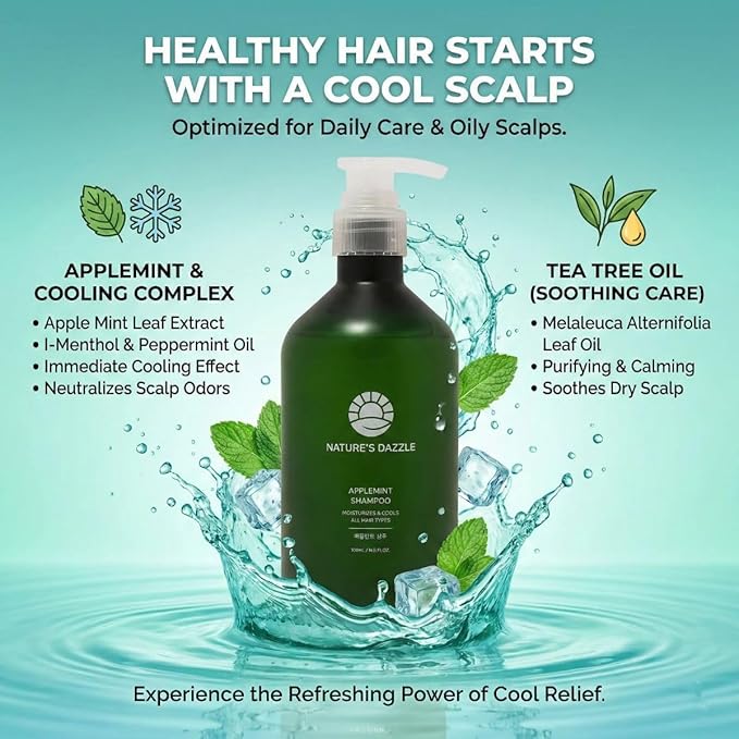 Nature’s Dazzle Applemint Cool Relief Shampoo - Clarifying Tea Tree & Peppermint for Oily Scalp - Sulfate Free Volumizing Formula with Salicylic Acid & Herbal Extracts - K-Beauty, 16.9 fl oz