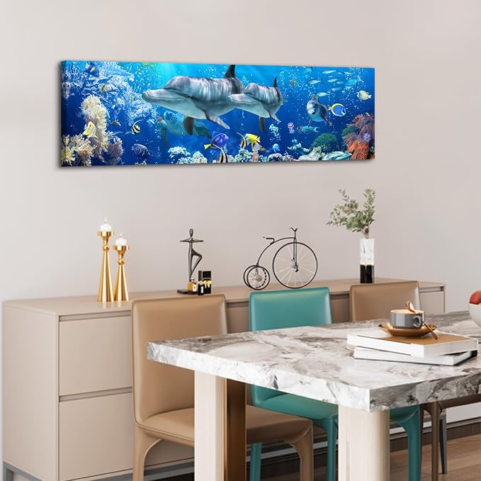 Large Dolphin Wall Art for Bathroom Nautical Theme Picture Ocean Coastal Room Decor Nature Blue Seascape Painting Prints Under The Sea World Landscape Poster Artwork Living Room Decorations 14x48"