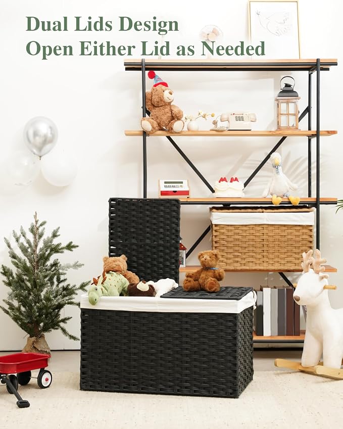 SETVSON Storage Basket with Lid Wicker Baskets for Storage, 160L Black | 42.3 Gallon Dual Lid Jumbo Blanket Storage Trunk, Divided Clothes Organizer, 2 Washable Liner Bags, Collapsible PE Rattan Bin