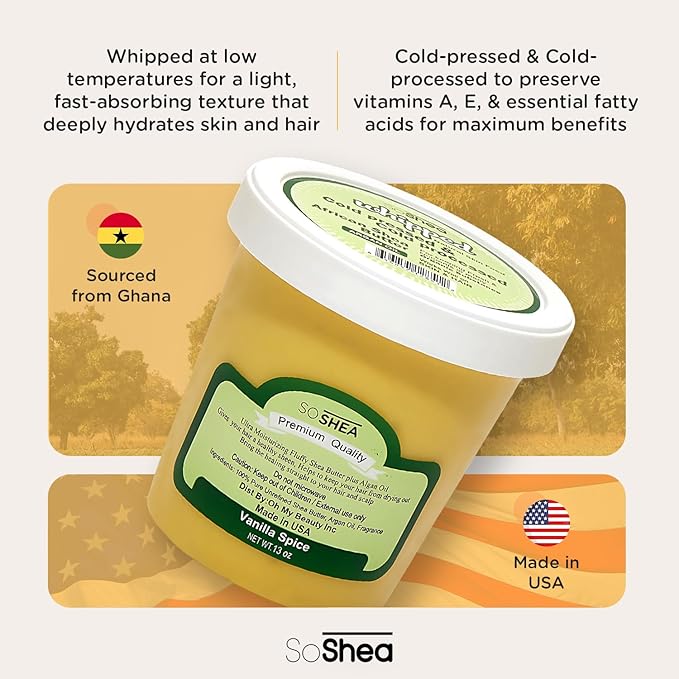 SoShea Whipped Shea Butter Vanilla Spice - Nourishes, Moisturizes & Renews | 100% African Pure Shea Butter | Cold-Pressed & Cold-Processed | No Dyes & Parabens | Vegan | 11.50oz / 326g