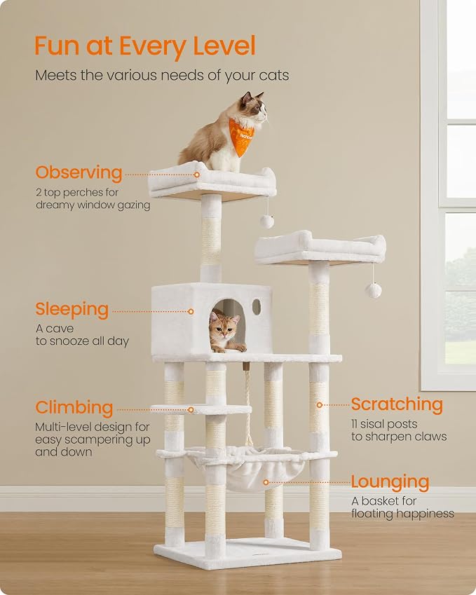 Feandrea Cat Tree, 55.8-Inch Cat Tower, Multi-Level Plush Condo with 11 Scratching Posts, 2 Perches, Hammock, Cave, Light Warm White UPCT015W02