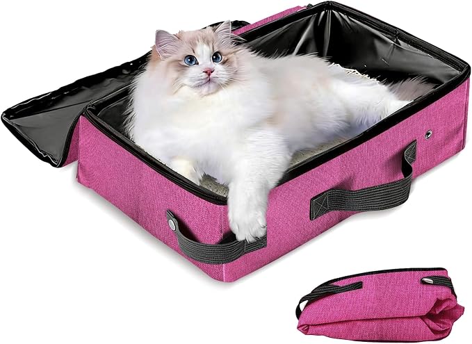 Foldable Travel Litter Box for Cats, 16 * 12 * 6 inches Portable Litter Box with Zipped Lid, Lightweight & Easy to take, Cat Essentials for Outdoor Long Distance Traveling & Camping - Pink