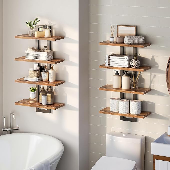 HOOBRO Floating Shelves, 15 Inch Wall Shelf Set of 4, Wall Mounted Storage Shelves 2-Tier, Hanging Bathroom Shelves, for Living Room, Bedroom, Bathroom, Kitchen, Rustic Brown and Black BF32BJP401