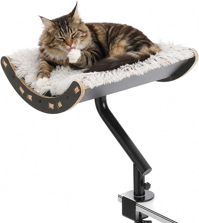 PEQULTI Desk Cat Bed, 360° Rotating Clamp-On Cat Hammock, Wood, Black | Clamps to desk edge (2.4", no drilling); holds 50 lbs; 360° rotating perch, 11.8" high; removable washable cushion