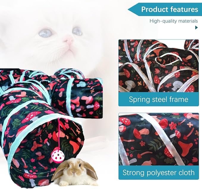 EGETOTA Cat Tunnel for Indoor Cats Large, with Play Ball S-Shape 5 Way Collapsible Interactive Peek Hole Pet Tube Toys, Puppy, Kitty, Kitten, Rabbit (S4 - Mushroom)