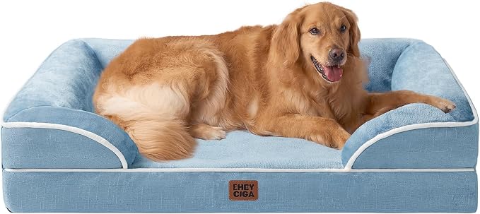 EHEYCIGA Orthopedic Dog Beds for Extra Large Dogs, Waterproof Memory Foam XL Dog Bed with Sides, Non-Slip Bottom and Egg-Crate Foam Big Pet Bed with Washable Removable Cover, Washed Blue | Non-Slip Bottom and Egg-Crate Memory Foam Big Dog Couch Bed wit...