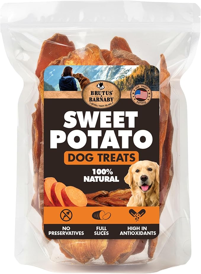 BRUTUS & BARNABY Dried Sweet Potato Dog Treats & Chews, Full Slices, 8 oz | Single ingredient, healthy, hypoallergenic; gentle on sensitive stomachs. Made in USA, thick cut for large breeds
