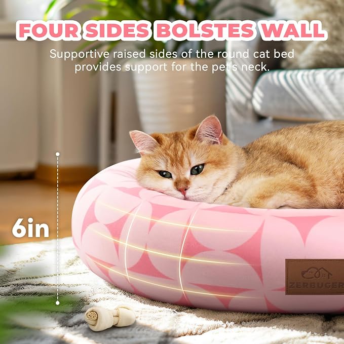 Zerbuger 20in Pink Pattern Round Dog Bed Sofa for Dogs Cats, Washable | for Small/Medium/Large Dogs Cats, Foam Pet Couch with Removable Mat Non-Slip Bottom, Pet Cuddler for Indoor/Outdoor/Car/Cage