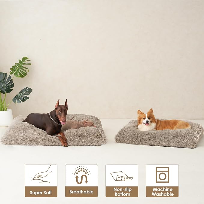 EHEYCIGA Fluffy Dog Crate Bed, Plush Extra Large Plus Dog Pillow, Taupe | Xlarge Calming Anti Anxiety Plush Faux Fur Mat for Large size dogs, Washable Soft Warm Plus Dog Pad with Non-Slip Bottom