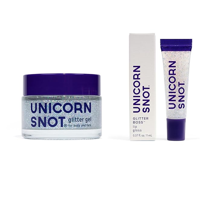 UNICORN SNOT Face & Body Glitter & Glitter Lip Gloss Bundle - Makeup for Festivals, Raves, Anime Cosplay - Safe for Face, Easy Application & Removal (Disco)