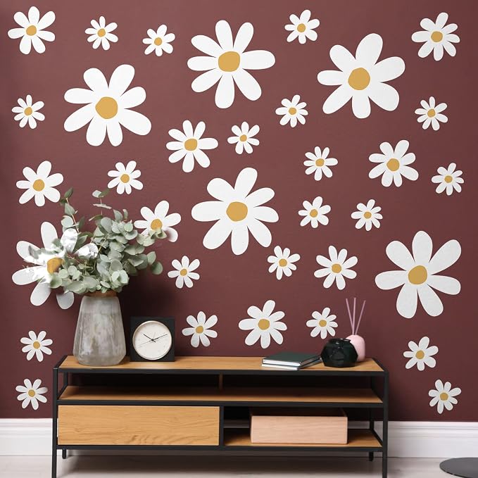 TaoBary 12 Sheet Daisy Wall Sticker Decal,White, Yellow,Cute Style | Big Flower Wall Sticker, Pink White Floral Decal, Daisy Bedroom Room Decor, Removable Peel and Stick, Nursery Home Wall Decor