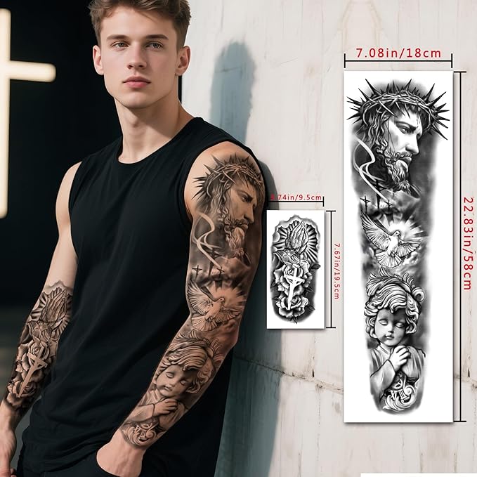 48 PCS Large Christian Temporary Tattoos Stickers Adult Men Women Kids Full Half Arm Sleeve Jesus Cross God Christ Catholic Religious Realistic Body Shoulder Arm Fake Tattoos Stickers Waterproof