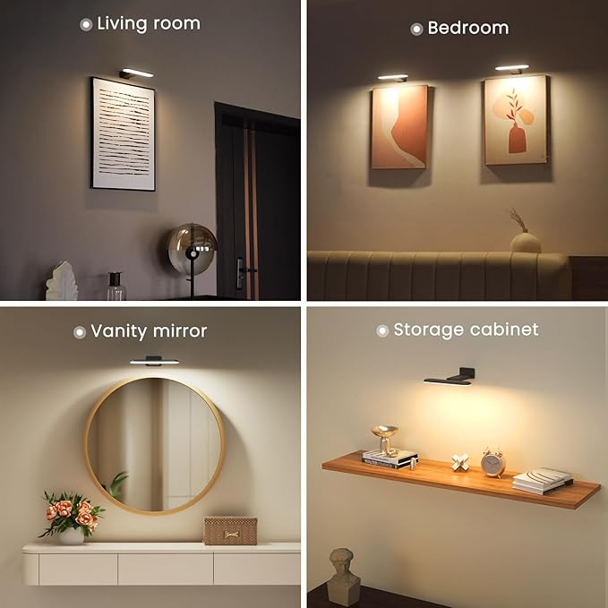 FULEN 2 Pack Picture Lights for Wall,Art Lights for Painting,Battery Operated Wall Sconce Rechargeable,LED Wall Light Cordless with Remote, Frame,Gallery,Dartboard Lights No-Drill,Black